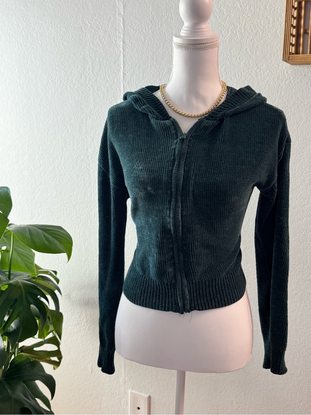 Dark Green Hooded Zip-Up Sweater